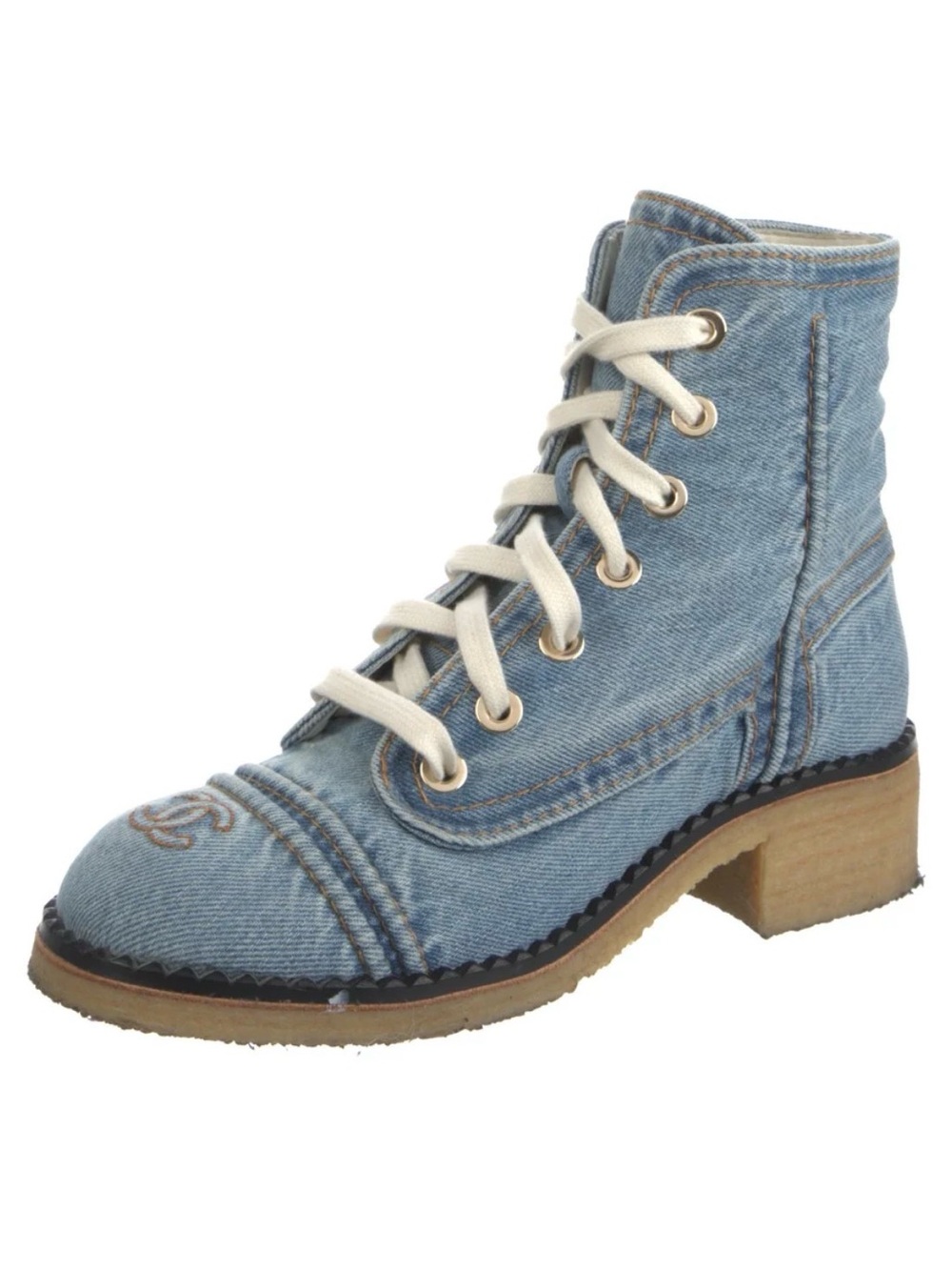 CHANEL Light Blue Denim Lace-Up Ankle Boots with Cream Laces - Picture 2 of 5